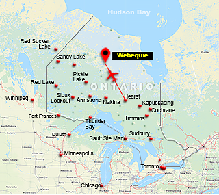 Map showing charter flight route from Hearst To Webequie, Ontario